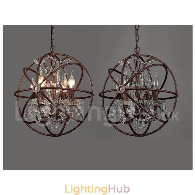 4 Light Diameter 40CM Vintage Crystal Globe Painting Metal Chandelier Rusty Colour Pendant Light