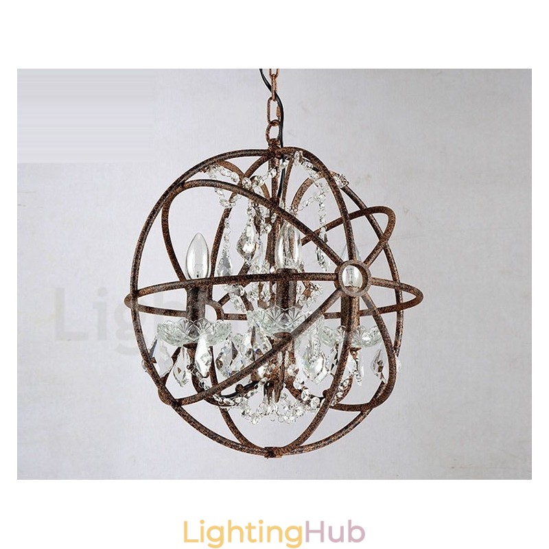 4 Light Diameter 40CM Vintage Crystal Globe Painting Metal Chandelier Rusty Colour Pendant Light