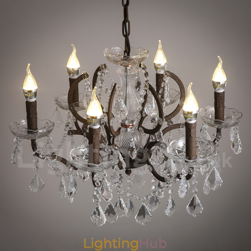 6 Light Diameter 60CM Vintage Crystal Painting Metal Chandelier Rusty Iron Colour Pendant Light