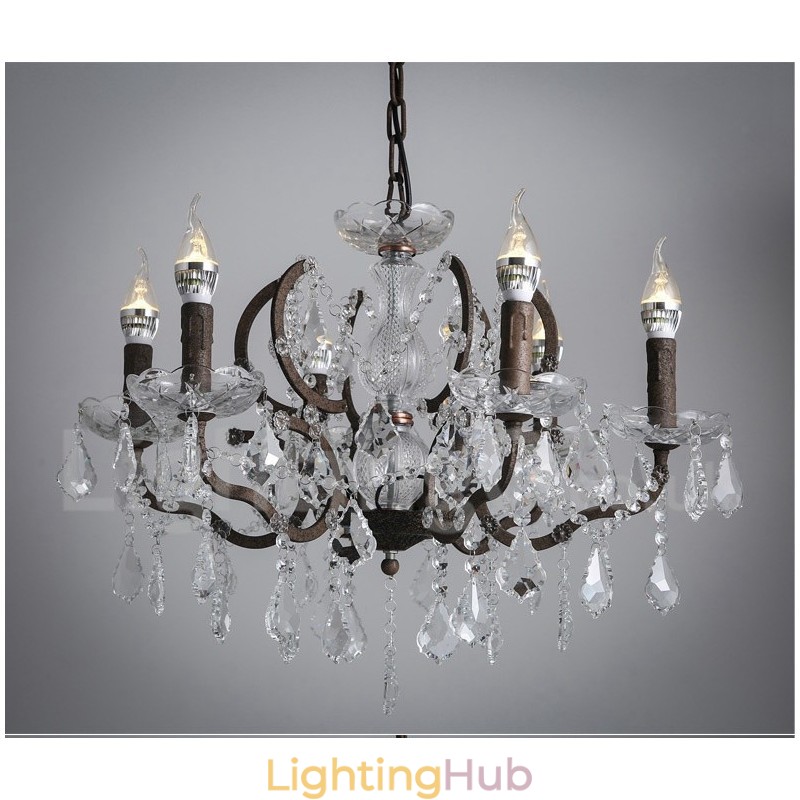 6 Light Diameter 60CM Vintage Crystal Painting Metal Chandelier Rusty Iron Colour Pendant Light