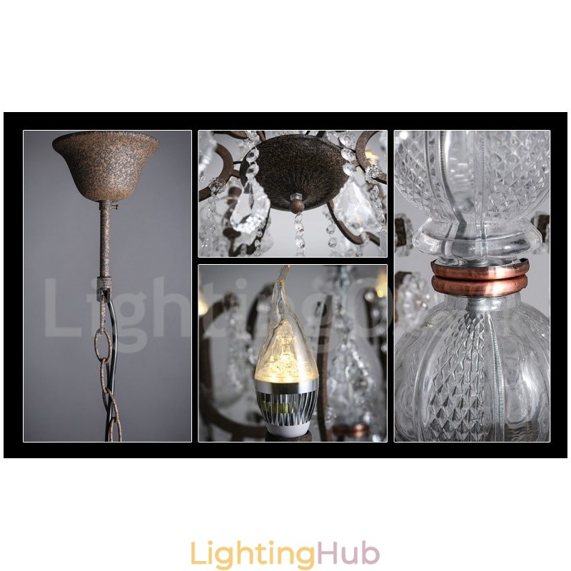 6 Light Diameter 60CM Vintage Crystal Painting Metal Chandelier Rusty Iron Colour Pendant Light