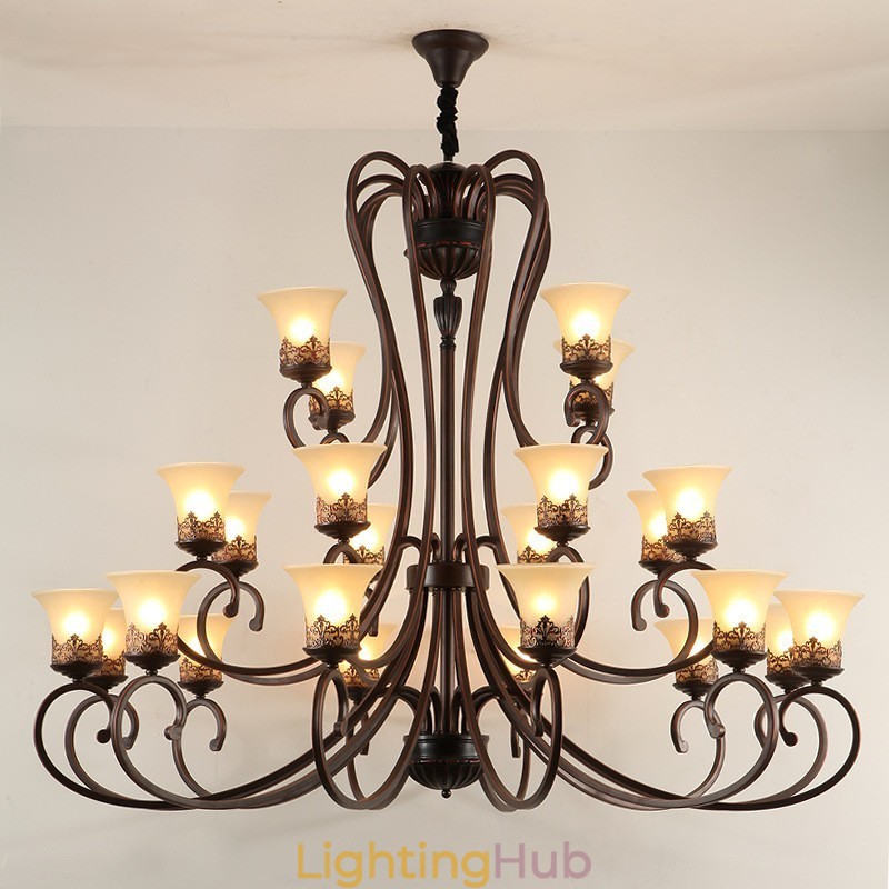24 Lights High Ceiling Vintage Country Island Painting Metal Chandelier with Glass Shades Hight Ceiling