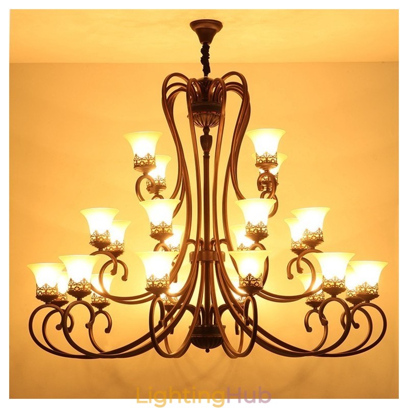24 Lights High Ceiling Vintage Country Island Painting Metal Chandelier with Glass Shades Hight Ceiling