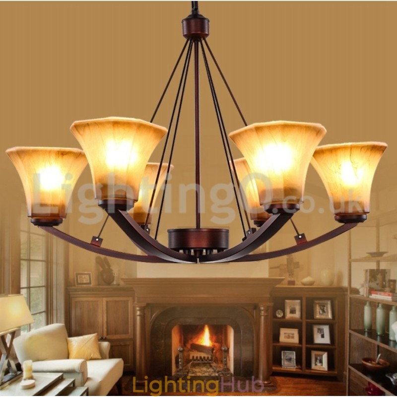 Rustic 6 bulbs Glass Lamp shade Stainless Chandelier