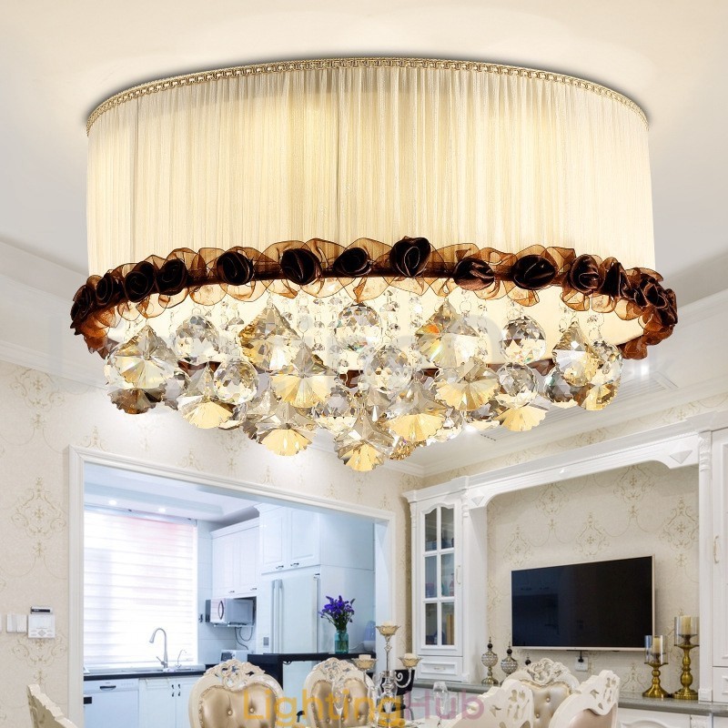 Contemporary Modern 50CM Round Flush Mount Crystal Ceiling Lights Fabric Shade