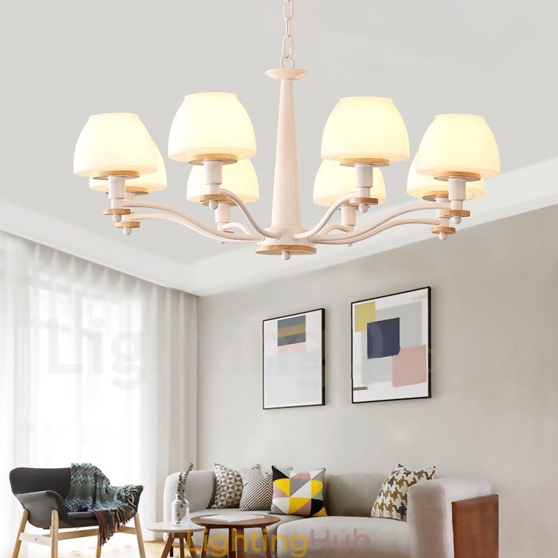 6 Light 8 Light Multi Colours Macaron Wood Pendant Light with Glass Shades Chandelier Nordic Style