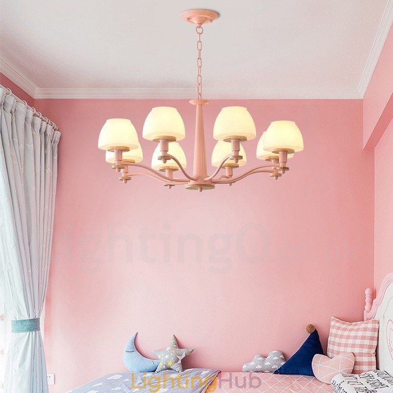6 Light 8 Light Multi Colours Macaron Wood Pendant Light with Glass Shades Chandelier Nordic Style