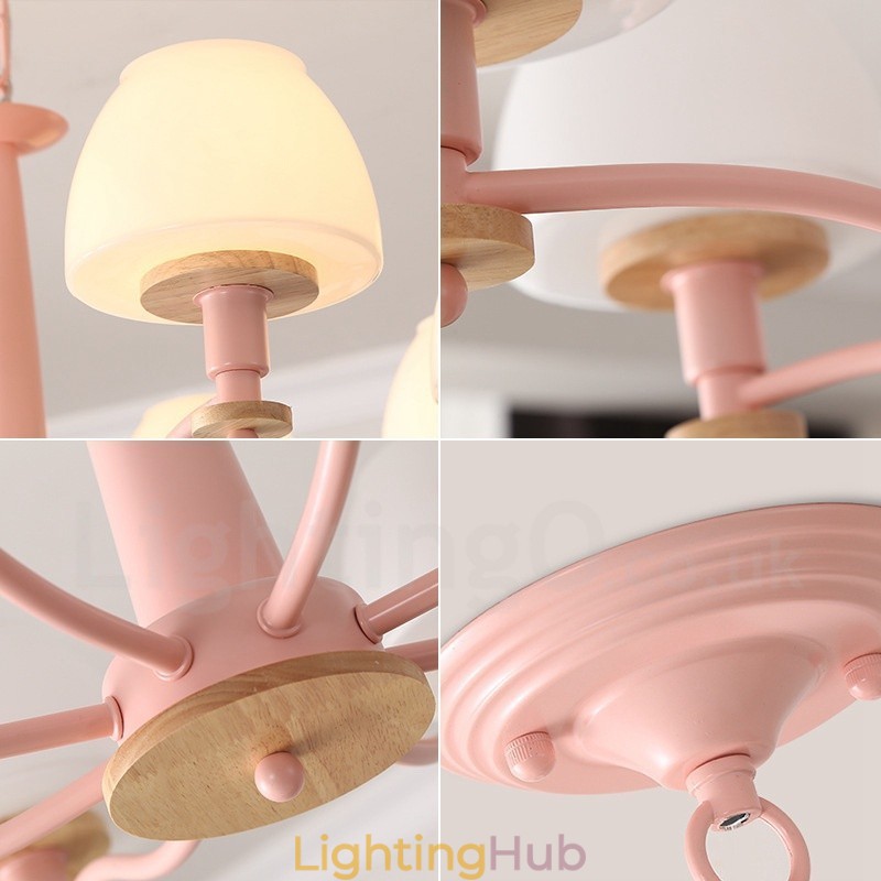 6 Light 8 Light Multi Colours Macaron Wood Pendant Light with Glass Shades Chandelier Nordic Style
