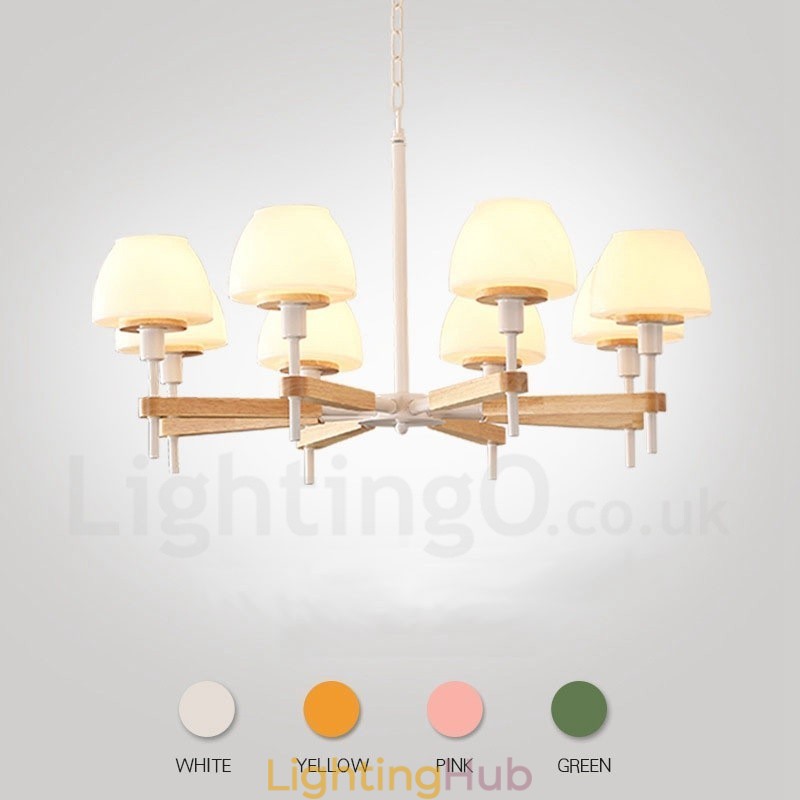6 Light 8 Light Multi Colours Macaron Wood Pendant Light with Glass Shades Chandelier Nordic Style