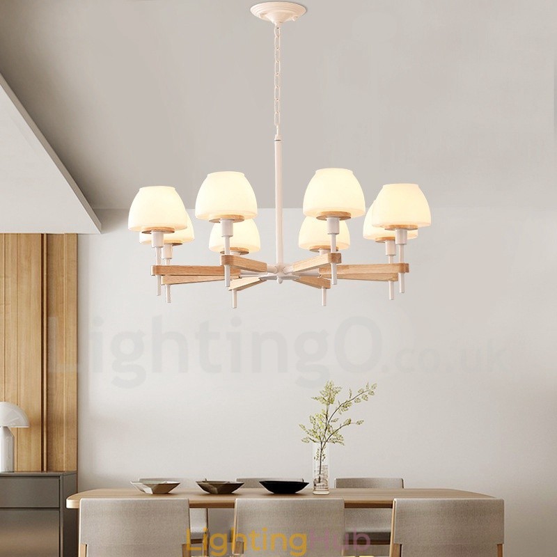 6 Light 8 Light Multi Colours Macaron Wood Pendant Light with Glass Shades Chandelier Nordic Style