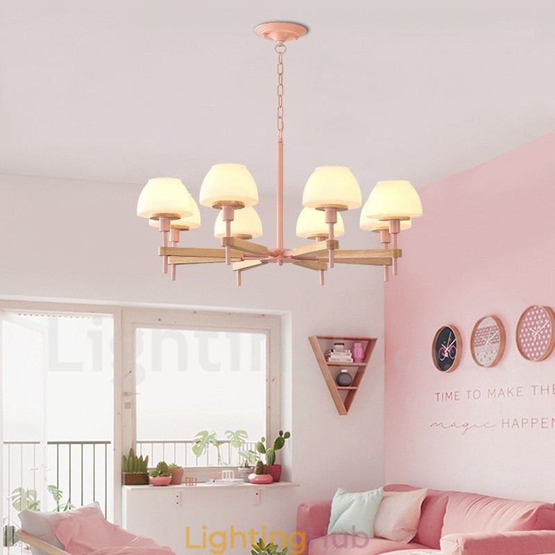 6 Light 8 Light Multi Colours Macaron Wood Pendant Light with Glass Shades Chandelier Nordic Style