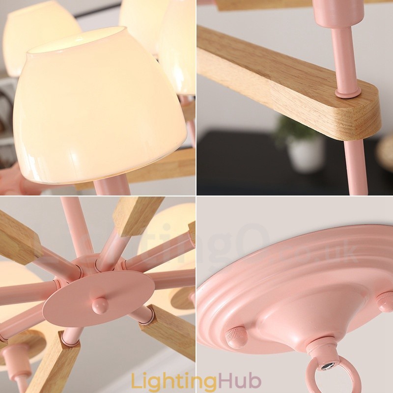 6 Light 8 Light Multi Colours Macaron Wood Pendant Light with Glass Shades Chandelier Nordic Style