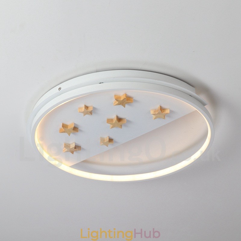 Dimmable White Stars Round Wood Ceiling Light Ultrathin Ceiling Lamp Also Can Be Used As Wall Light
