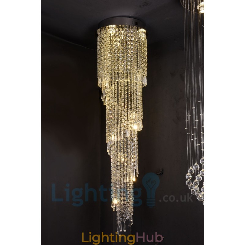 4 x GU10 + 8 x G4 150CM Long Crystal Drop Light Modern K9 Crystal Round Flush Mount Ceiling Light