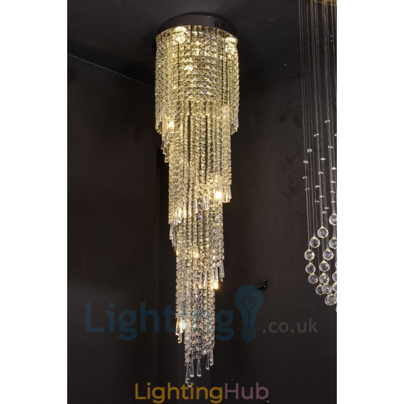 4 x GU10 + 8 x G4 150CM Long Crystal Drop Light Modern K9 Crystal Round Flush Mount Ceiling Light