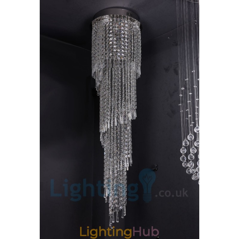 4 x GU10 + 8 x G4 150CM Long Crystal Drop Light Modern K9 Crystal Round Flush Mount Ceiling Light