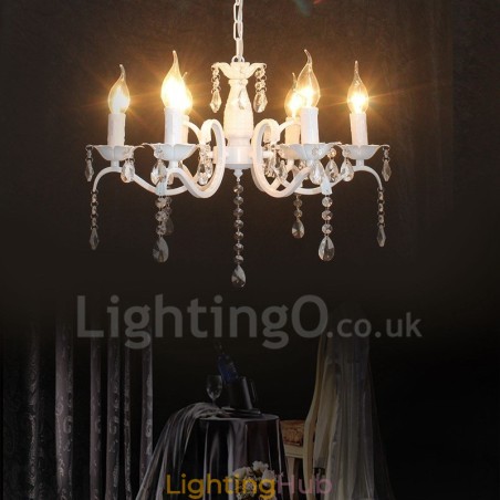 6 Light Crystal Rustic Retro Vintage White Pendant Candle Chandelier