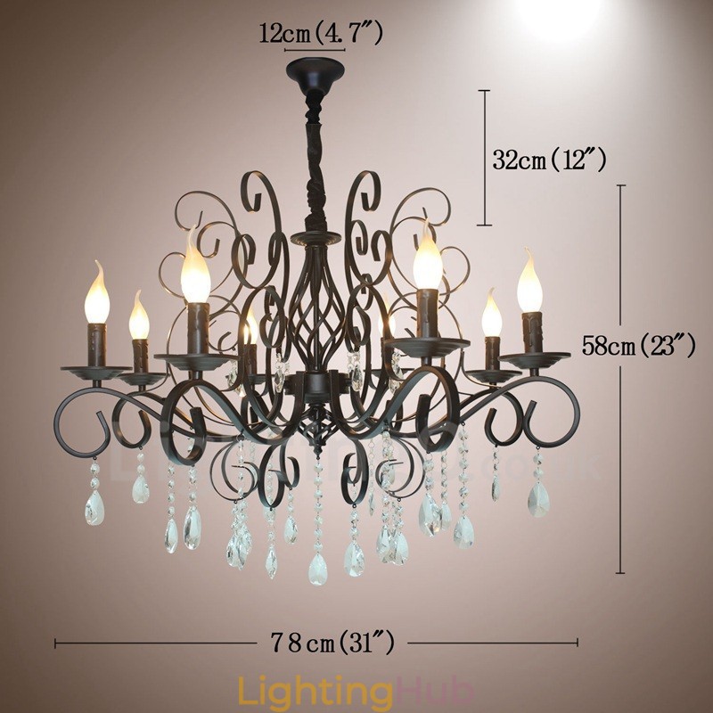8 Light Crystal Rustic Retro Vintage Black Pendant Candle Chandelier