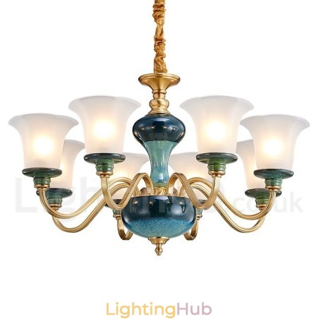 Retro Vintage Brass Ceramics Pendant Candle Chandelier with Glass Shades Retro Vintage Brass Ceramics Pendant Candle Chandelier with Glass Shades