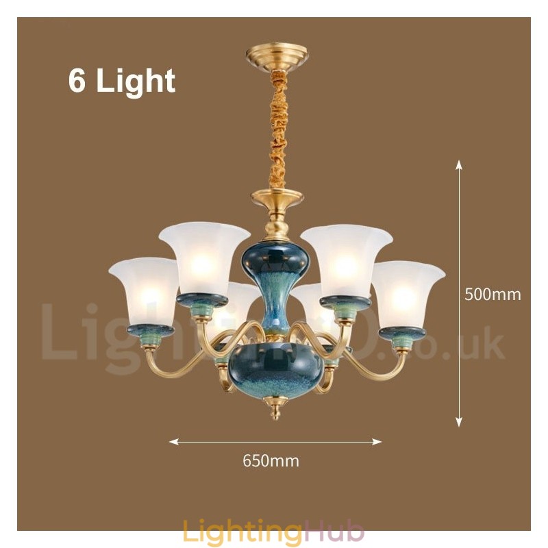 Retro Vintage Brass Ceramics Pendant Candle Chandelier with Glass Shades