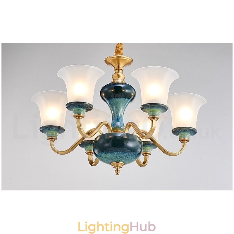 Retro Vintage Brass Ceramics Pendant Candle Chandelier with Glass Shades