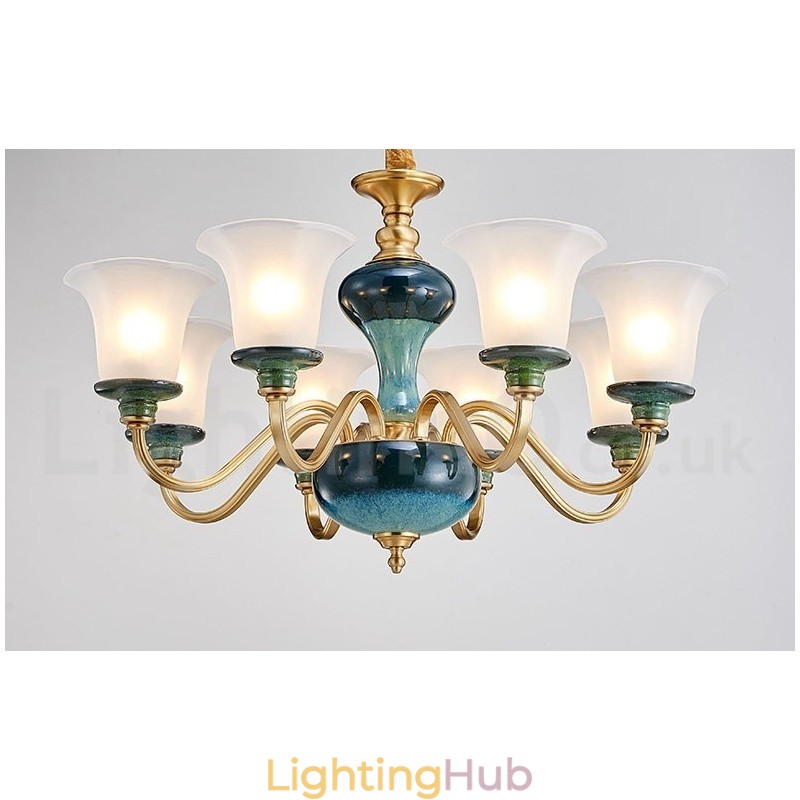 Retro Vintage Brass Ceramics Pendant Candle Chandelier with Glass Shades