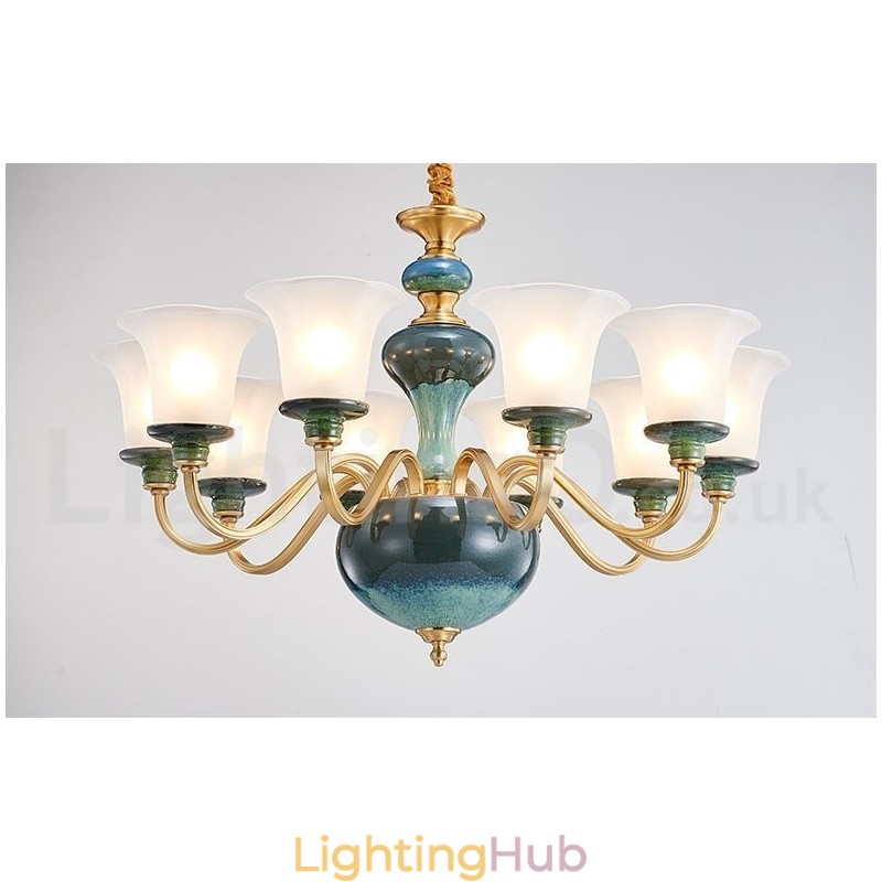 Retro Vintage Brass Ceramics Pendant Candle Chandelier with Glass Shades