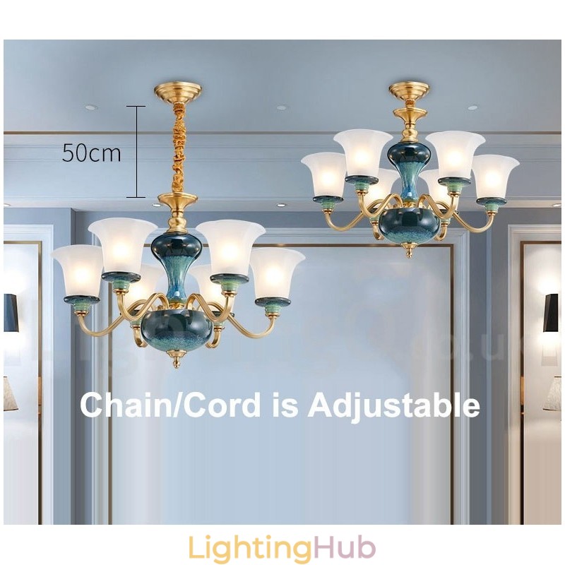 Retro Vintage Brass Ceramics Pendant Candle Chandelier with Glass Shades