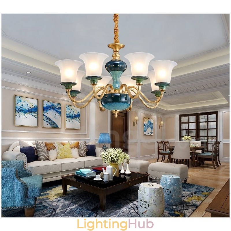 Retro Vintage Brass Ceramics Pendant Candle Chandelier with Glass Shades