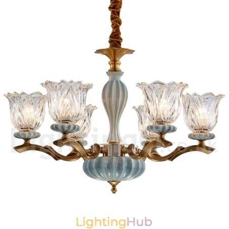 Retro Vintage Brass Ceramics Pendant Candle Chandelier with Glass Shades Retro Vintage Brass Ceramics Pendant Candle Chandelier with Glass Shades