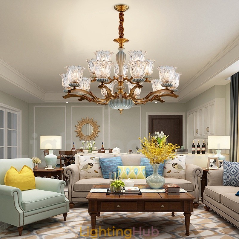 Retro Vintage Brass Ceramics Pendant Candle Chandelier with Glass Shades