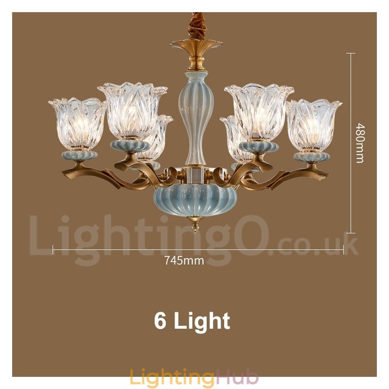 Retro Vintage Brass Ceramics Pendant Candle Chandelier with Glass Shades