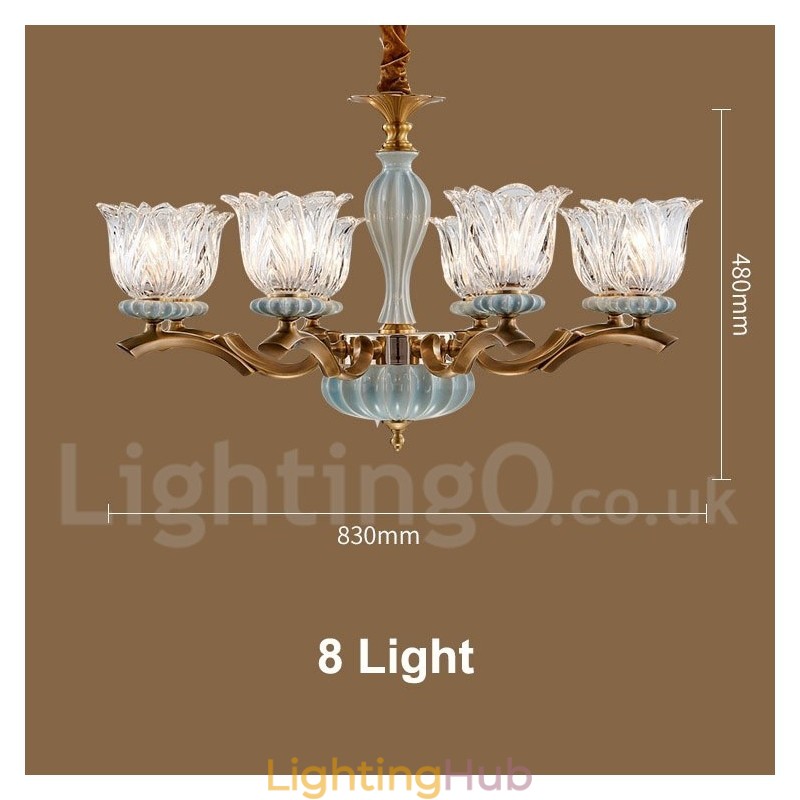 Retro Vintage Brass Ceramics Pendant Candle Chandelier with Glass Shades