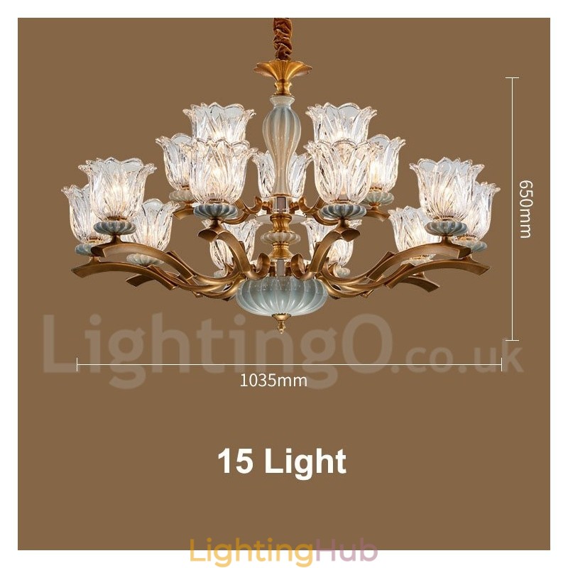 Retro Vintage Brass Ceramics Pendant Candle Chandelier with Glass Shades