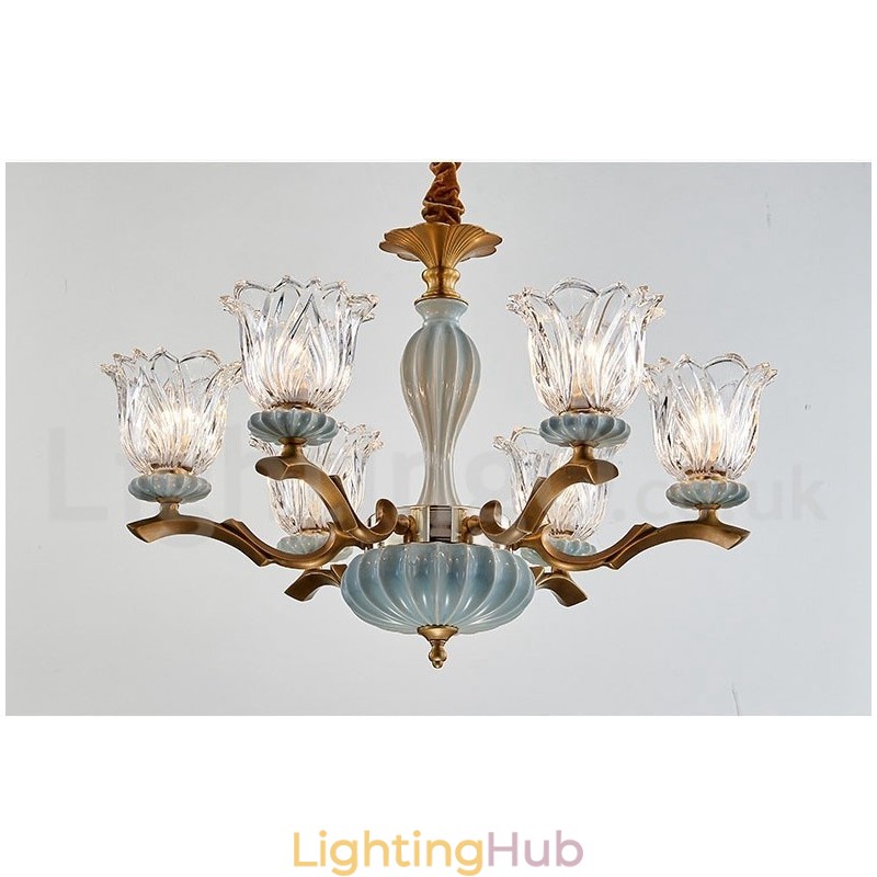 Retro Vintage Brass Ceramics Pendant Candle Chandelier with Glass Shades