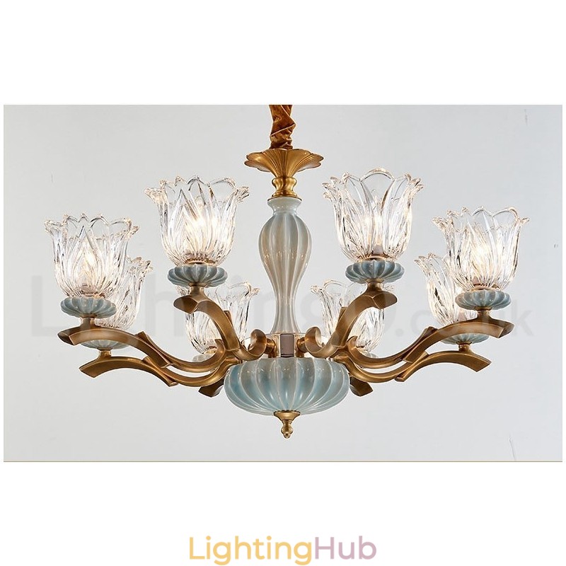 Retro Vintage Brass Ceramics Pendant Candle Chandelier with Glass Shades