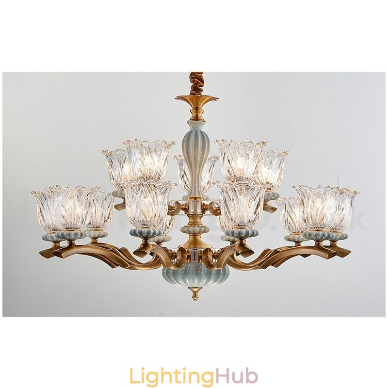 Retro Vintage Brass Ceramics Pendant Candle Chandelier with Glass Shades