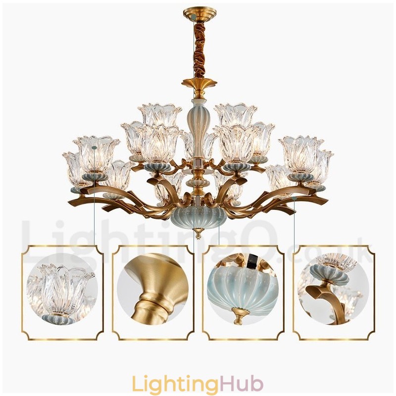 Retro Vintage Brass Ceramics Pendant Candle Chandelier with Glass Shades