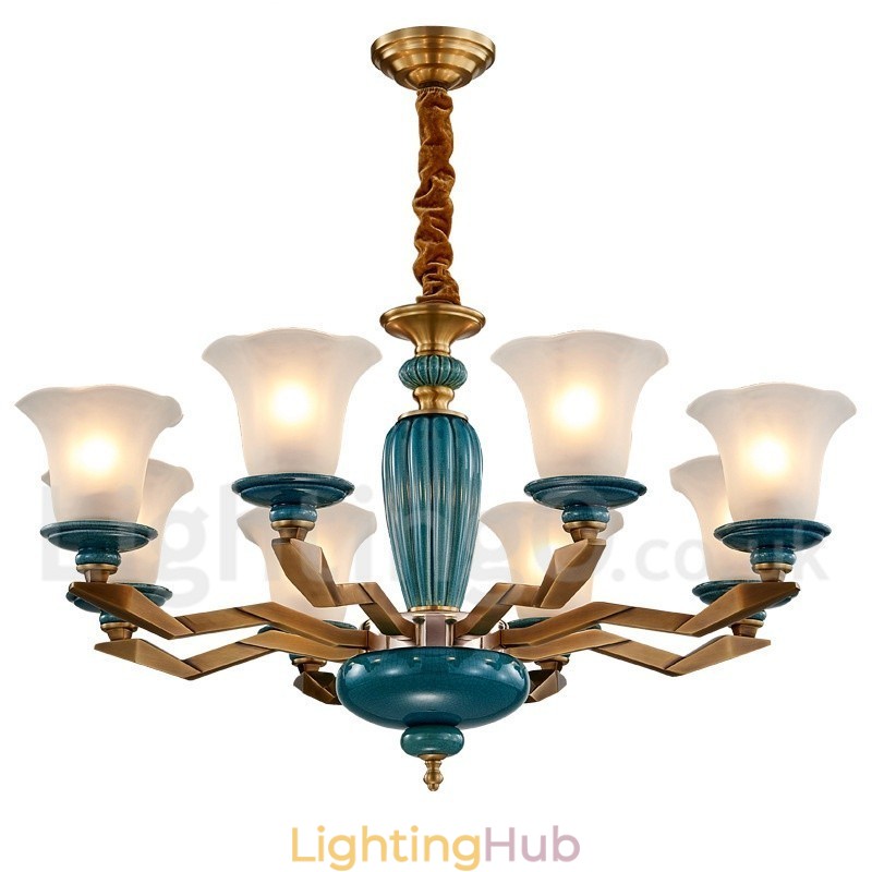 Retro Vintage Brass Ceramics Pendant Candle Chandelier with Glass Shades