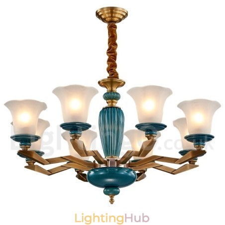 Retro Vintage Brass Ceramics Pendant Candle Chandelier with Glass Shades Retro Vintage Brass Ceramics Pendant Candle Chandelier with Glass Shades
