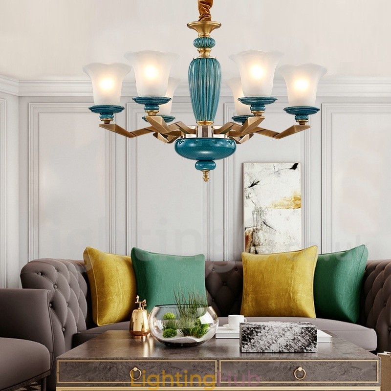 Retro Vintage Brass Ceramics Pendant Candle Chandelier with Glass Shades