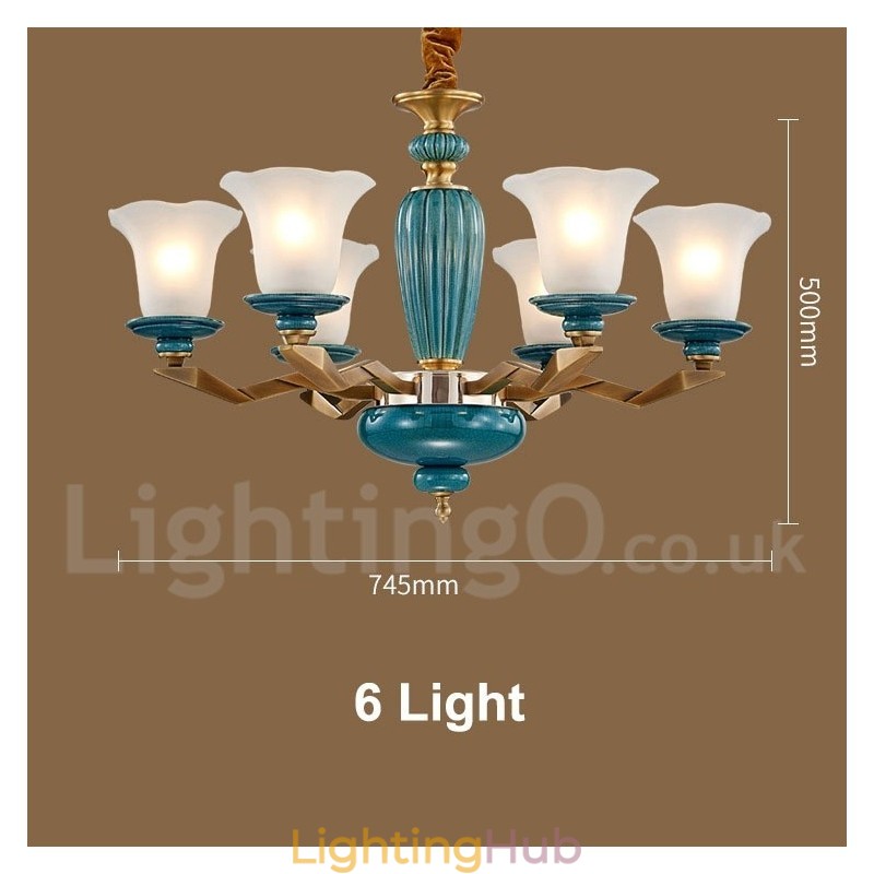 Retro Vintage Brass Ceramics Pendant Candle Chandelier with Glass Shades