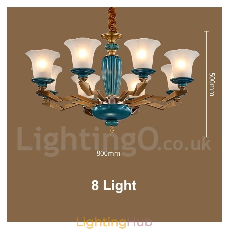 Retro Vintage Brass Ceramics Pendant Candle Chandelier with Glass Shades