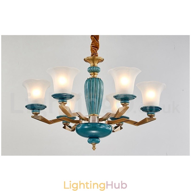 Retro Vintage Brass Ceramics Pendant Candle Chandelier with Glass Shades