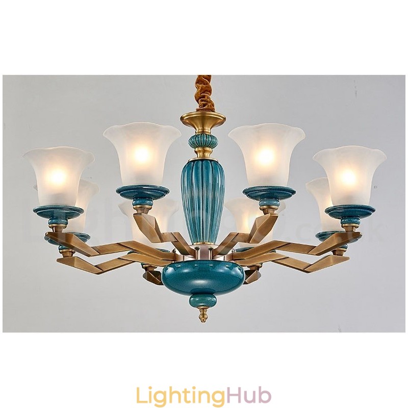 Retro Vintage Brass Ceramics Pendant Candle Chandelier with Glass Shades