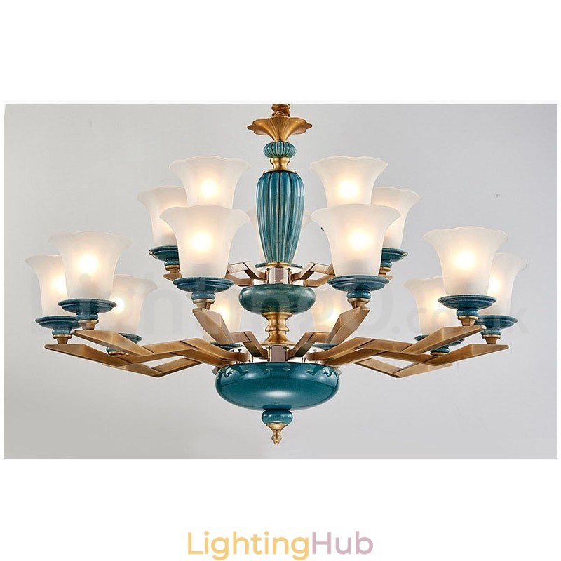 Retro Vintage Brass Ceramics Pendant Candle Chandelier with Glass Shades