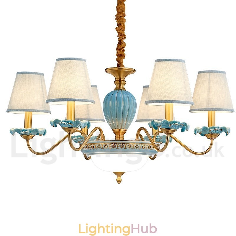 Retro Vintage Brass Ceramics Pendant Candle Chandelier with Blue Fabric Shades
