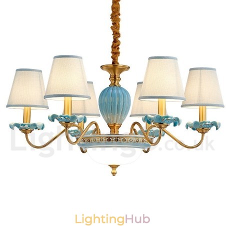 Retro Vintage Brass Ceramics Pendant Candle Chandelier with Blue Fabric Shades Retro Vintage Brass Ceramics Pendant Candle Chandelier with Blue Fabric Shades