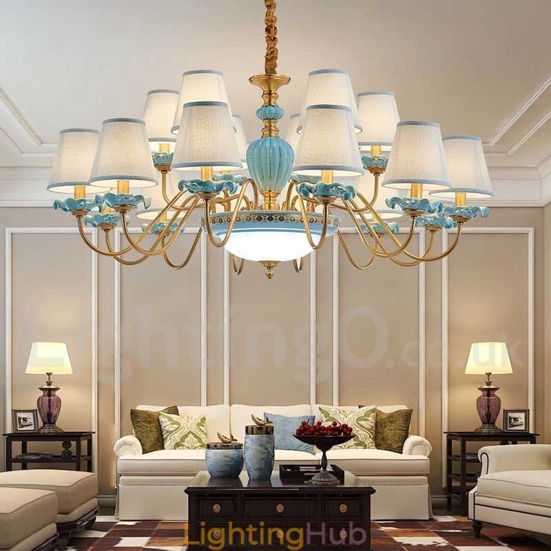 Retro Vintage Brass Ceramics Pendant Candle Chandelier with Blue Fabric Shades