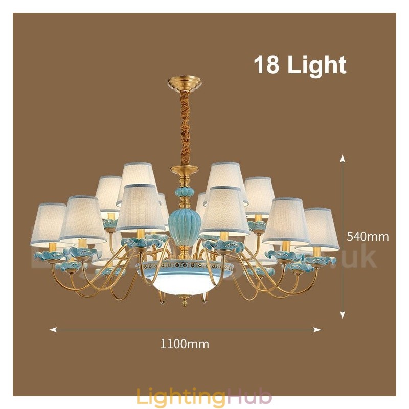 Retro Vintage Brass Ceramics Pendant Candle Chandelier with Blue Fabric Shades